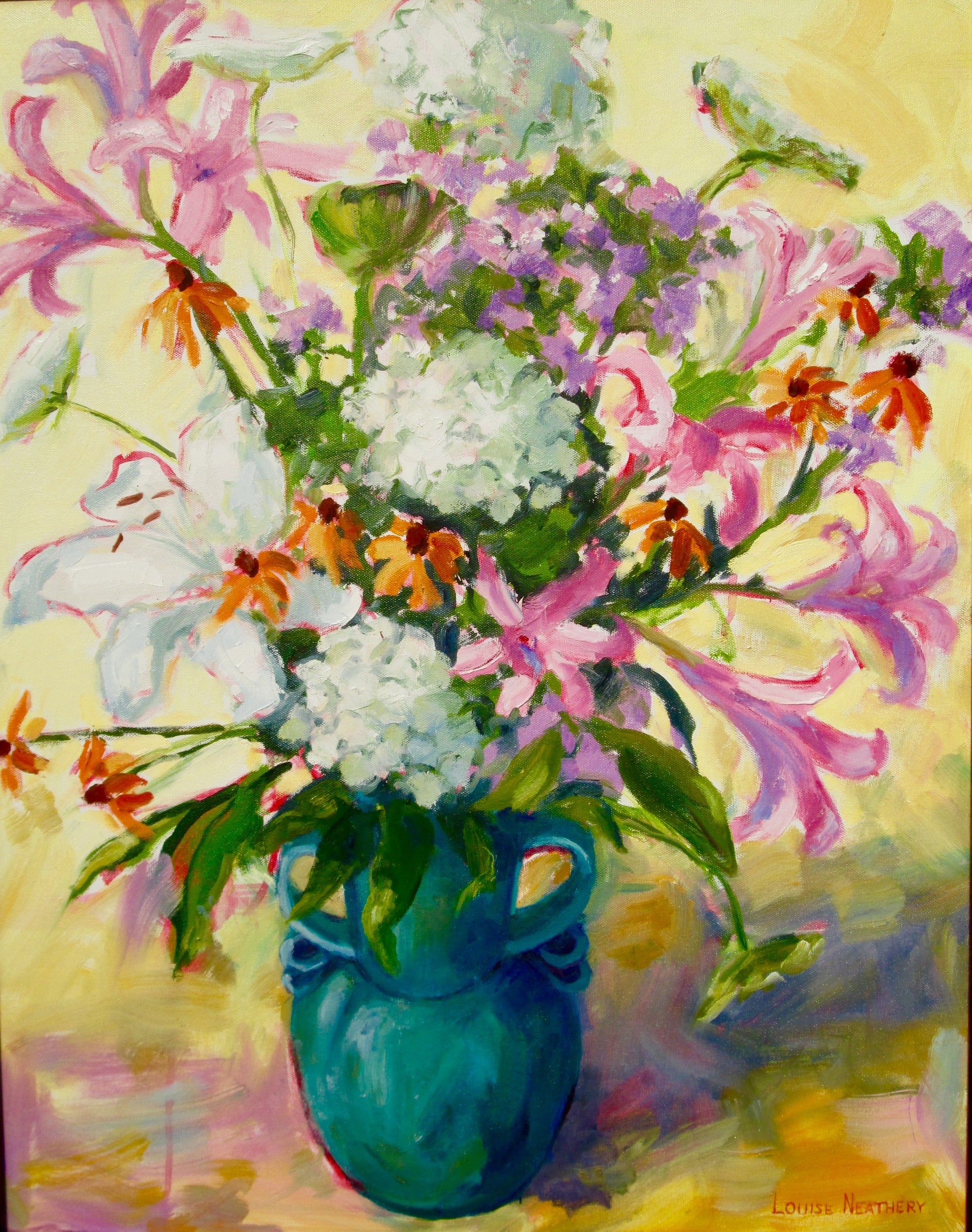 Summer Flowers in Teal Vase